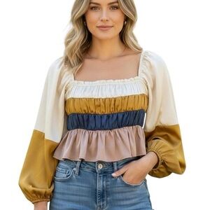Vici Cream and Gold Colorblock Blouse